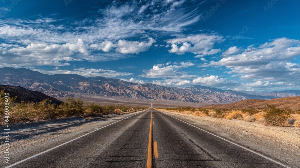 Naklejka premium Empty road through desert landscape under blue cloudy sky, leading to mountains, for travel