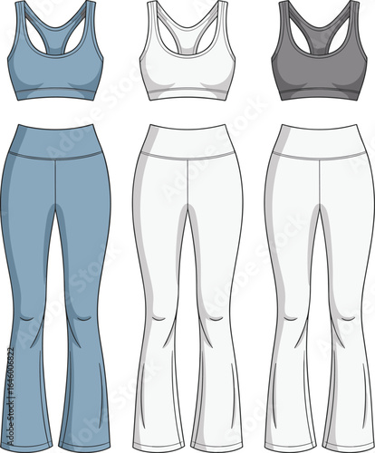 Women’s sports bra and yoga pants, activewear set, front and back view, athletic clothing design, fashion flat sketch, workout apparel vector template