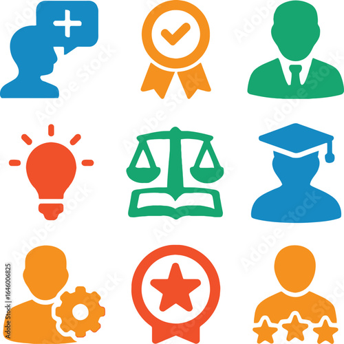 Assorted Business and Education Icons Featuring Head Silhouettes Lightbulb Scales and Award Ribbons Depicting Diverse Professional Attributes
