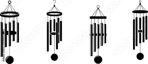 Four black and white wind chimes with hanging tubes and round strikers vector