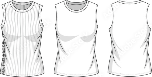 Fitted sleeveless crewneck top with vertical ribbed texture, clean armhole finish, and contoured seams for a flattering, versatile look ideal for layering or solo wear