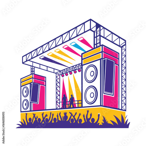 Outdoor concert stage with speakers, lighting, and cheering crowd, ready for a vibrant music performance