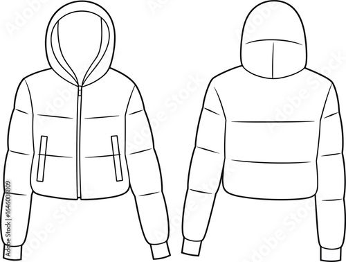 Cropped puffer jacket with attached hood, horizontal quilted panels, front zipper closure, and side welt pockets for a warm, stylish, and modern winter look