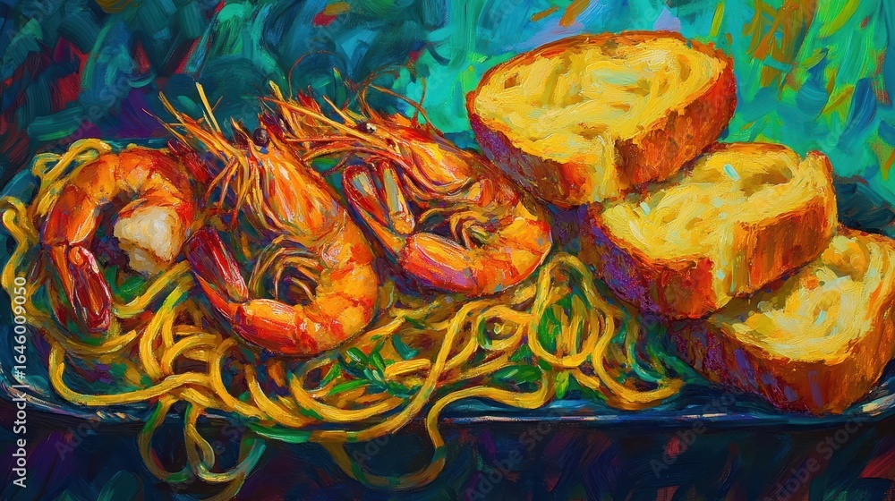 Fototapeta premium Colorful Plate of Shrimp Pasta with Slices of Toasted Bread