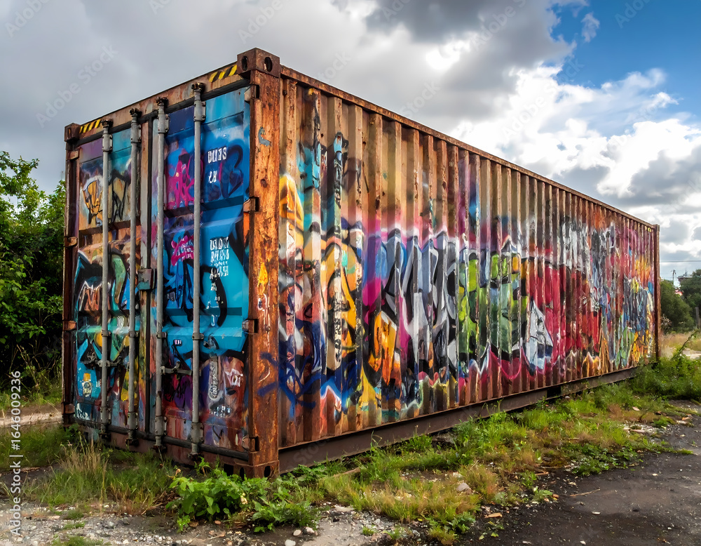 Fototapeta premium Rusty abandoned shipping container covered in colorful graffiti art. An urban outdoor scene shows vibrant street art on old metal cargo container against cloudy sky