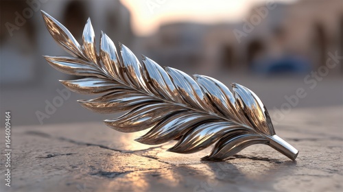 Shiny Silver Leaf Sculpture Against Soft Sunset Background