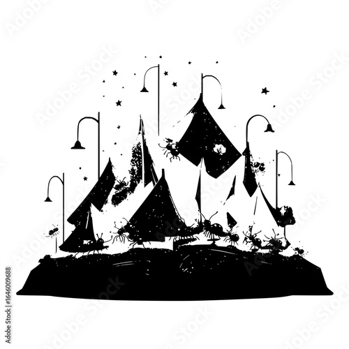 Ants colony silhouette illustration black and white mountain landscape with street lamps and stars art vector
