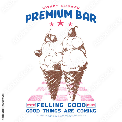 Ice cream love club graphic print t-shirt, apparel, posters, background, Retro ice cream hand-drawn vector art, Enjoy summer with sweet ice cream. Summer graphic t shirt design
