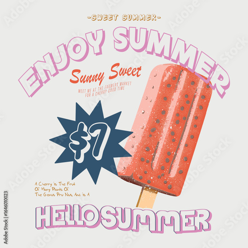 Retro ice cream hand drawn vector art. Sweet summer, Summer graphic t-shirt design, Enjoy summer with sweet ice cream, Fresh ice cream graphic print design for t-shirt, posters, t-shirt design woman