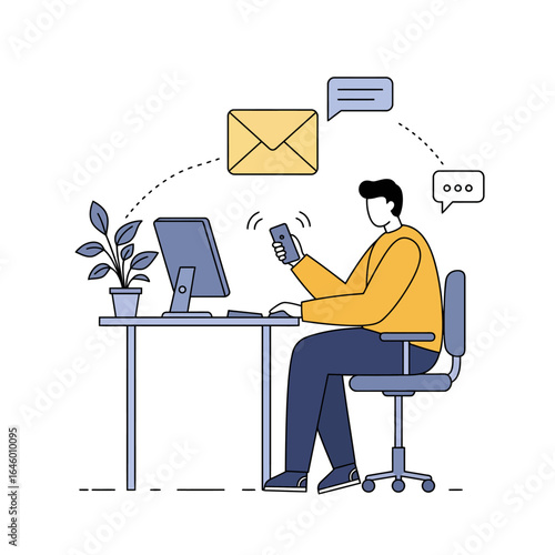 Illustration of a man working at a desk, managing emails and messages on multiple devices.