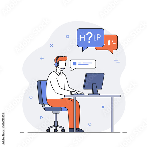 Illustration of a customer support agent wearing a headset and typing on a computer, providing online assistance.