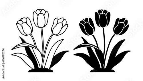 Two tulip flower arrangements one in outline and one in solid black design