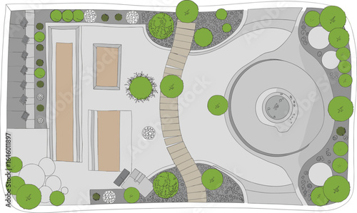 Contemporary garden design with central circular fountain, curved pathways, seating areas, trees, decorative plant beds, and structured open spaces for functional outdoor living