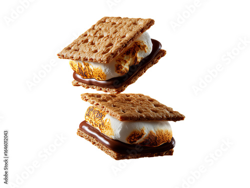 Two smores with toasted marshmallows and chocolate isolated on transparent background