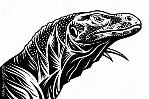 Stylized Black and White Komodo Dragon Head Illustration.