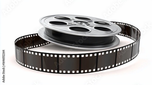 Film reel with strip coiled, isolated on white, representing cinema or movie industry