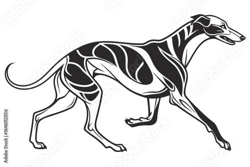 Stylized Greyhound Running with Tribal Patterns.