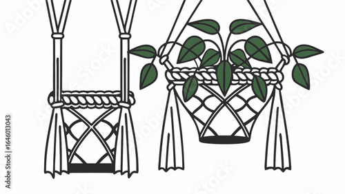 Two macrame plant hangers one with a plant and leaves in a simple drawing