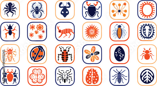 Assortment of Stylized Insect and Bug Icons in Blue and Orange spider beetle