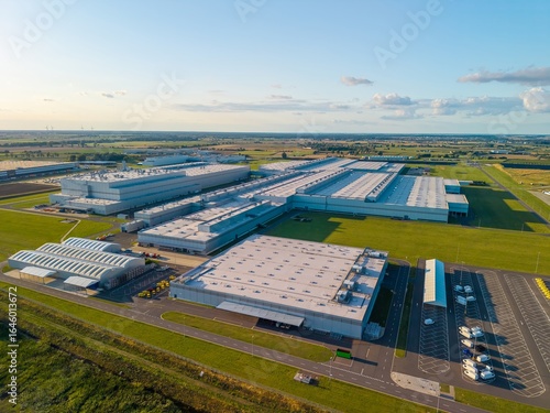 Aerial view of a car manufacturing plant at sunset, producing combustion and electric cars.