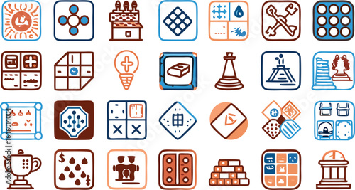 Diverse Set of Hand Drawn Icons Featuring Games Buildings and Health Symbols strategy