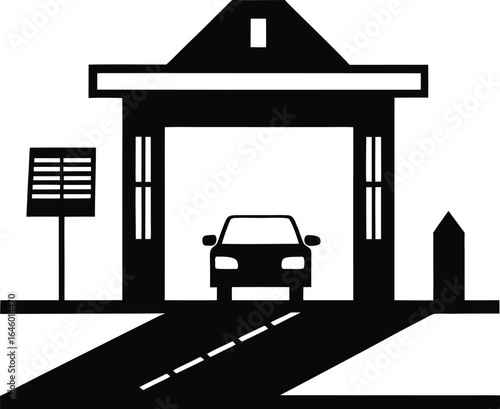 Black silhouette of a toll booth on a white background