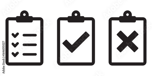 Clipboard Checklist Vector Icons Presenting Task Management Options and Cross Symbol for Rejection Isolated on White Background