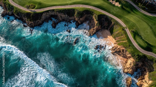 a golf course with a winding road and ocean