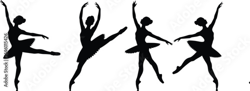 Ballet dancer silhouette, ballerina performing elegant poses, classical dance vector, black isolated figure, graceful movement illustration, stage performance art, tutu dress design