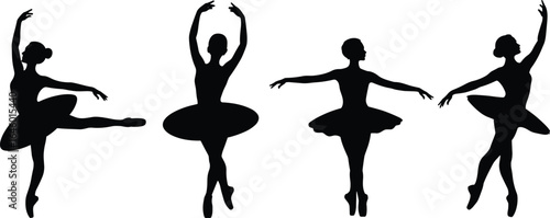 Ballet dancer silhouette, ballerina performing elegant poses, classical dance vector, black isolated figure, graceful movement illustration, stage performance art, tutu dress design