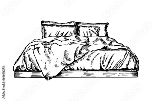 A comfortable bed with pillows sketch drawing. Bedroom items, furniture, hotel decor. Outline drawing in engraving style, hand drawn vector illustration, isolated on white background