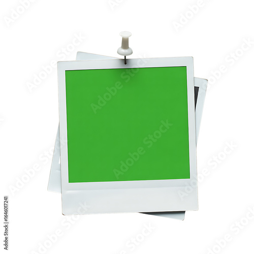 A stack of instant photo prints with a green screen area pinned by a silver thumbtack isolated on transparent background