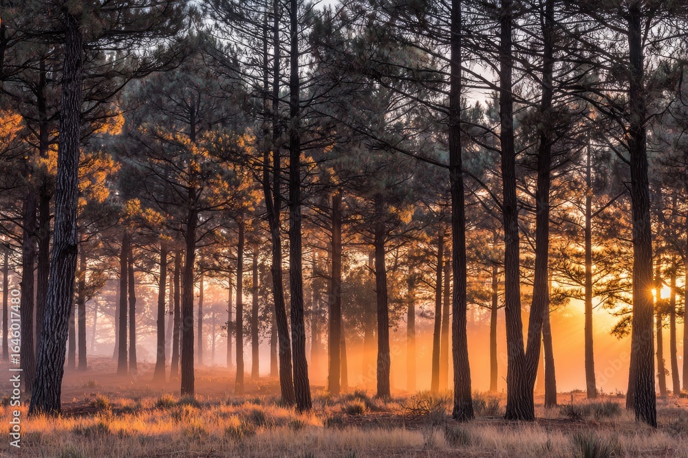 Obraz premium Golden sunlight filters through a pine forest at sunrise