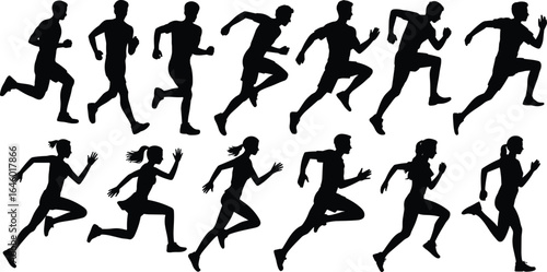 Running silhouette, male and female athletes, sprinting action poses, jogging fitness training, sport movement illustration, black vector, workout exercise figure set