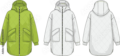 Women’s long quilted hooded jacket with zipper and oversized pockets – warm winter coat for casual wear, lightweight insulated outerwear with drawstring hood