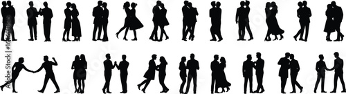Silhouette couples romantic poses, people love affection, man woman relationship icons, dating romance art, hugging, holding hands, black vector illustration set