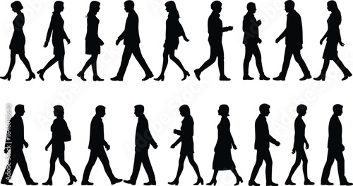 Walking people silhouette, business and casual men women, human figure vector, side view pedestrians, crowd movement, black isolated illustration set