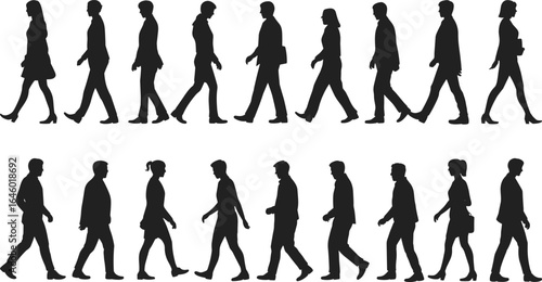 Walking people silhouette, business and casual men women, human figure vector, side view pedestrians, crowd movement, black isolated illustration set