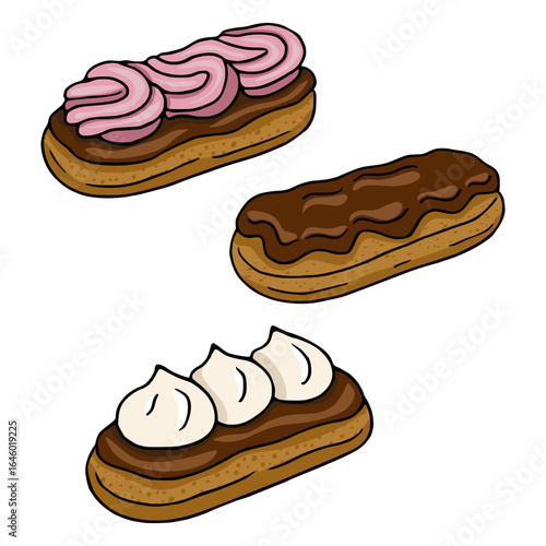 A delightful vector illustration showcasing three variations of eclairs: one topped with swirls of pink cream, another with rich chocolate ganache, and a third adorned with dollops of fluffy white...