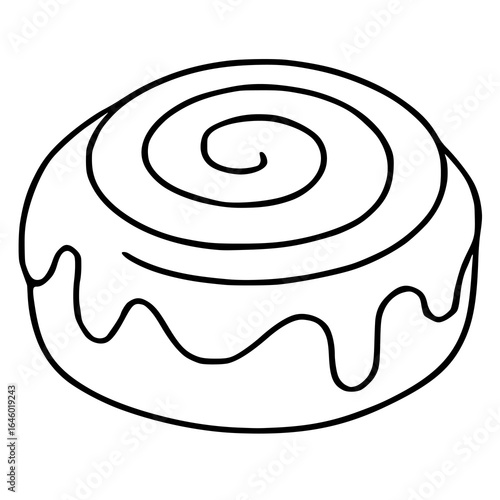 A vector illustration of a cinnamon roll with a spiral swirl topping and a dripping icing design, showcasing a minimalist black and white line art style.
