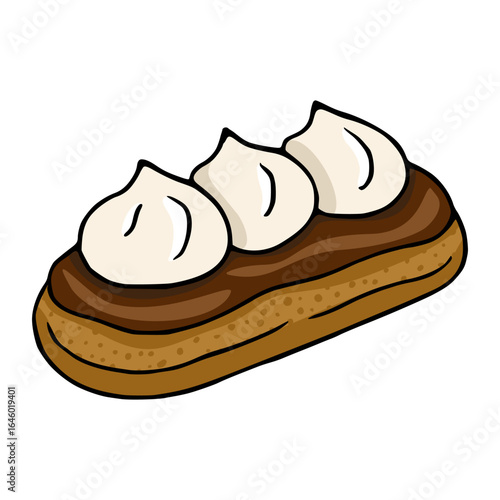 Delicious vector illustration of a single eclair pastry with three swirls of cream, showcasing a hand-drawn style with brown and beige color palette.
