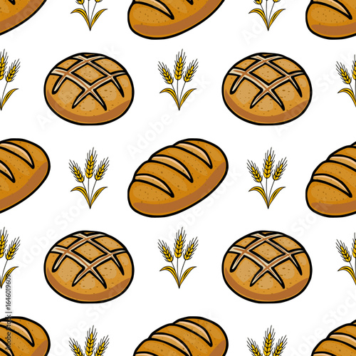 Seamless vector pattern featuring hand-drawn illustrations of round and oblong loaves of bread interspersed with stylized wheat stalks, creating a rustic and appetizing bakery design.