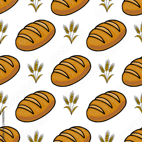 Seamless vector pattern of rustic brown bread loaves and golden wheat stalks, creating a charming and appetizing bakery design.