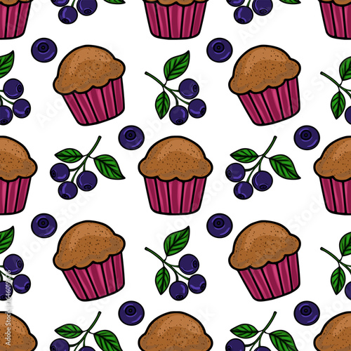 Seamless vector pattern of delicious chocolate muffins and blueberries, a delightful illustration for bakery branding or sweet food packaging design.