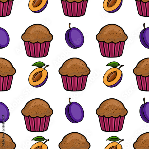 Seamless vector pattern of delicious chocolate muffins and juicy plums, a delightful illustration perfect for bakery branding or culinary designs.