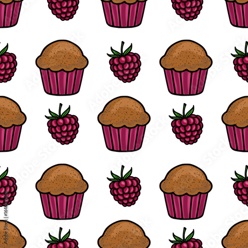 Seamless vector pattern of chocolate muffins and raspberries, a delightful illustration with a hand-drawn style and a vibrant color palette, perfect for bakery branding or sweet-themed designs.