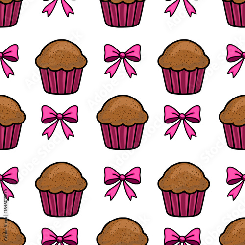Seamless vector pattern featuring charming chocolate muffins and pink bows, creating a delightful and sweet confectionery design perfect for packaging or bakery branding.