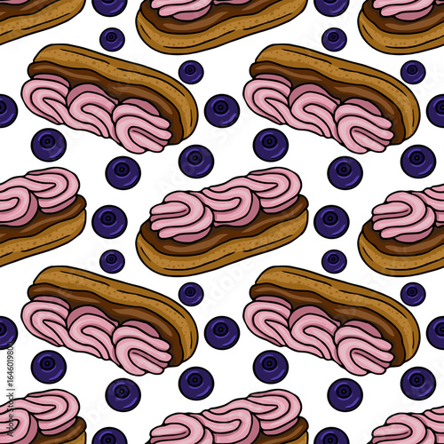 Seamless vector pattern of delicious eclairs with pink cream and blueberries, a delightful hand-drawn illustration perfect for bakery branding or sweet-themed designs.