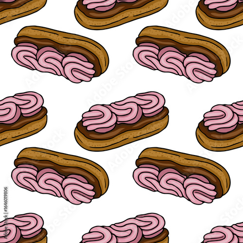 Seamless vector pattern of delicious eclairs with pink cream and chocolate topping, illustrated in a hand-drawn style on a white background.