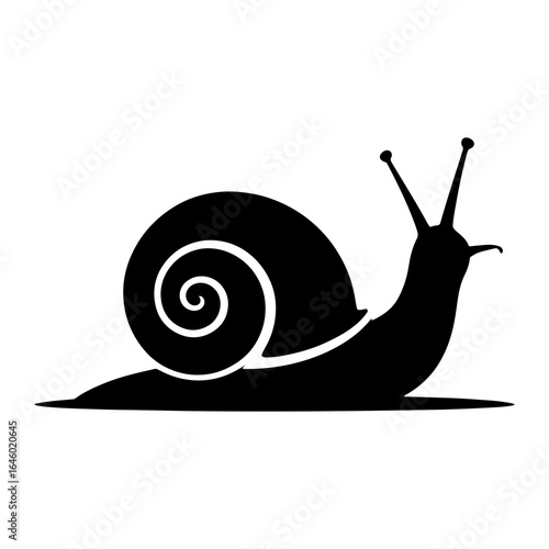 Black silhouette of a snail with a spiral shell and antennae white